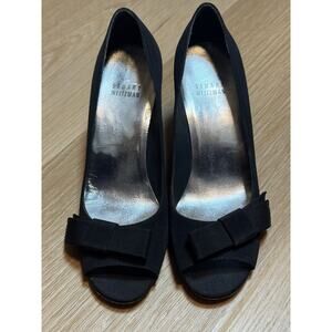 Stuart Weitzman Black Satin Bowover Bow Peep Toe Heel Sz. 6 M